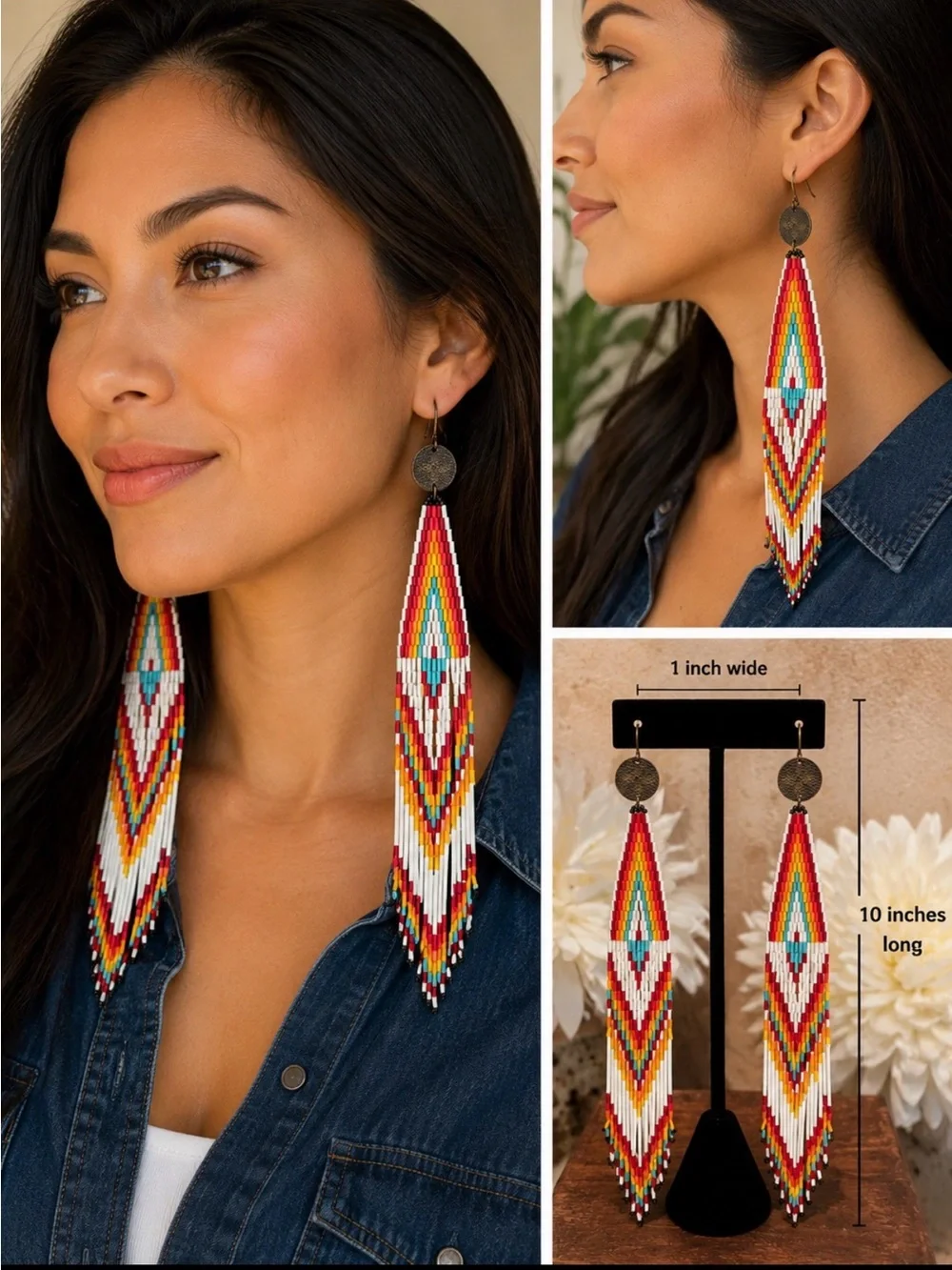 Handmade Beaded Fringe Statement Earrings | Boho Western | 10” Long